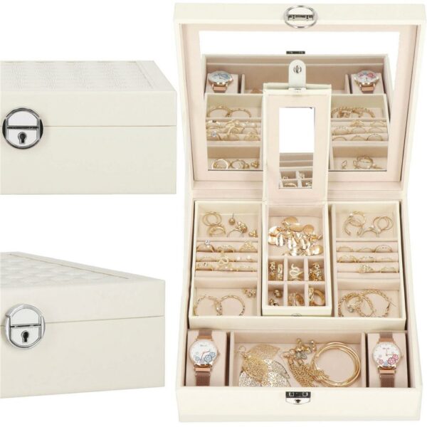(DL) Cutie depozitare si organizare bijuterii, MDF, piele ecologica, 25 x 25 x 8,5cm, crem deschis - Image 32
