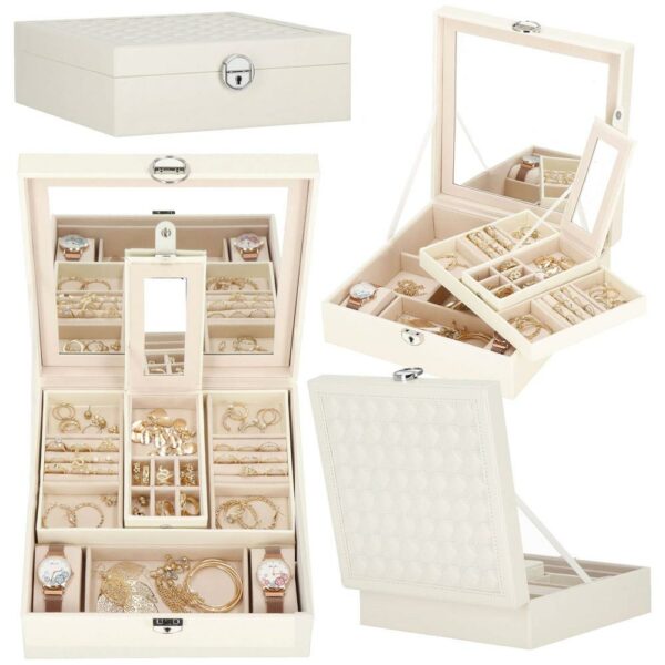 (DL) Cutie depozitare si organizare bijuterii, MDF, piele ecologica, 25 x 25 x 8,5cm, crem deschis - Image 33
