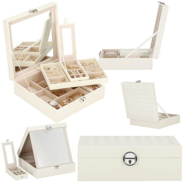 (DL) Cutie depozitare si organizare bijuterii, MDF, piele ecologica, 25 x 25 x 8,5cm, crem deschis - Image 34