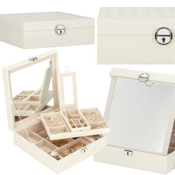 (DL) Cutie depozitare si organizare bijuterii, MDF, piele ecologica, 25 x 25 x 8,5cm, crem deschis - Image 35