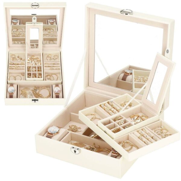 (DL) Cutie depozitare si organizare bijuterii, MDF, piele ecologica, 25 x 25 x 8,5cm, crem deschis - Image 36