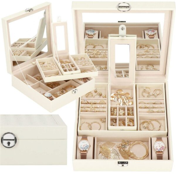 (DL) Cutie depozitare si organizare bijuterii, MDF, piele ecologica, 25 x 25 x 8,5cm, crem deschis - Image 37