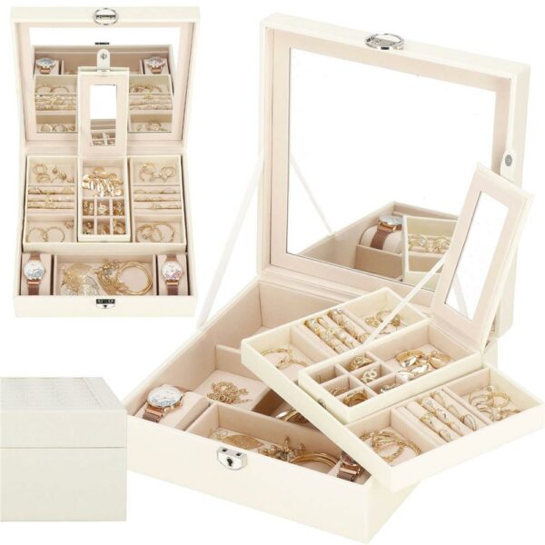 (DL) Cutie depozitare si organizare bijuterii, MDF, piele ecologica, 25 x 25 x 8,5cm, crem deschis - Image 38