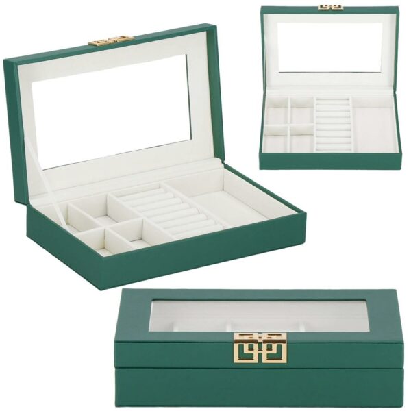(DL) Cutie depozitare si organizare bijuterii, MDF, piele ecologica, 23,5 x 14 x 5,5cm, verde sticla - Image 4