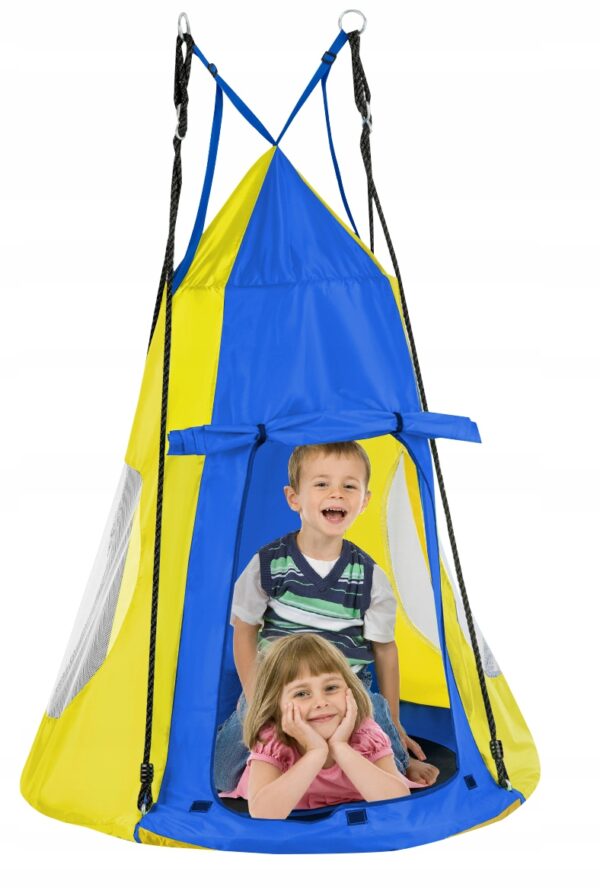 Leagan tip cuib Sersimo, 90cm, 2 in 1 cu cort de protectie, 100 kg, Albastru Galben - Image 2