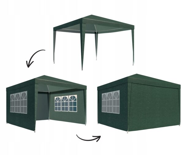 Kerti pavilonsátor, 300x300 cm, 4 oldalfallal ablakos, vízálló, UV-álló, zöld - Image 4