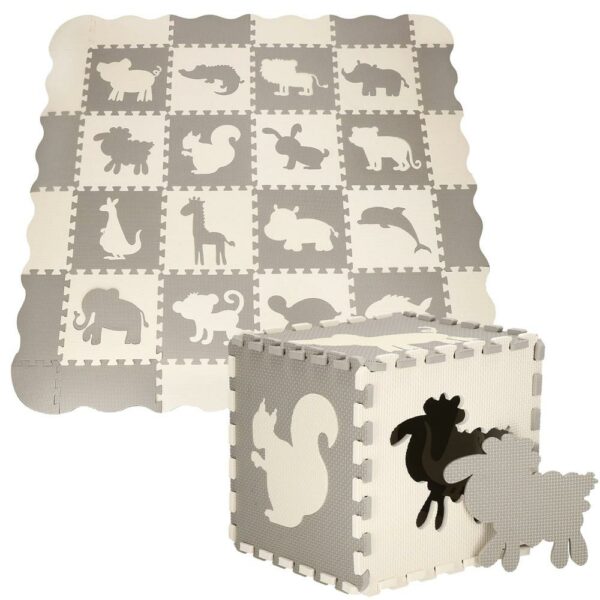 Habszivacs matrac gyerekeknek, állatos puzzle típusú, 52 db, hőszigetelő, 150x150 cm, krémszürke - Image 4