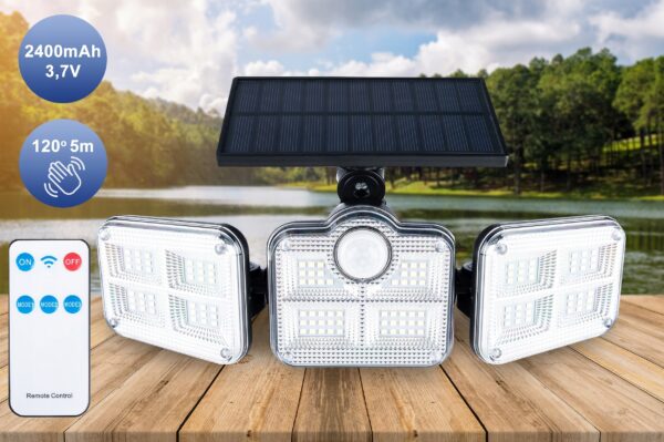 Moduláris napelemes LED projektor 3 lámpával, mozgásérzékelővel, 122 LED-del, távirányítóval - Image 4