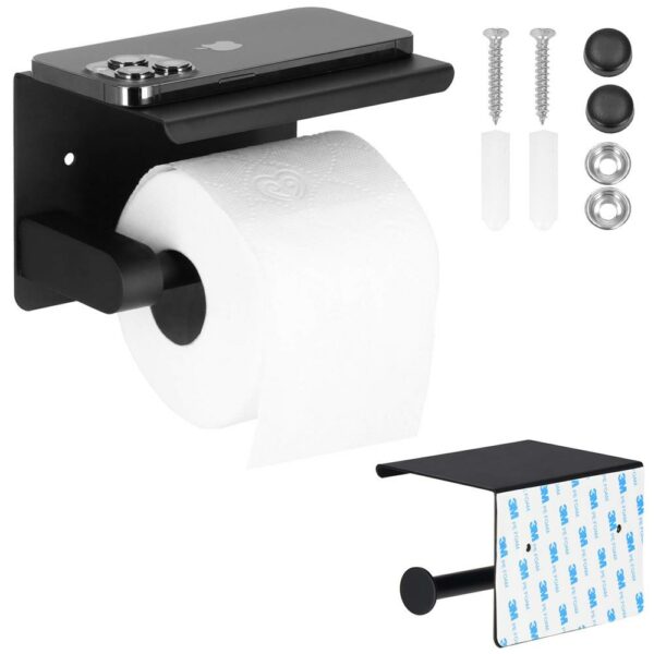 Acél WC-papír tartó tárolópolccal, öntapadós rögzítés, 14cm, fekete - Image 5