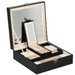 (DL) Cutie depozitare si organizare bijuterii, MDF, piele ecologica, 25 x 25 x 8,5cm, negru