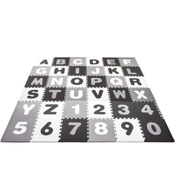 Habszivacs matrac gyerekeknek, ábécé és szám puzzle típusú, 110 db, hőszigetelő, 175x175 cm, fekete, szürke - Image 4