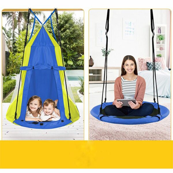 Leagan tip cuib Sersimo, 90cm, 2 in 1 cu cort de protectie, 100 kg, Albastru Galben - Image 4