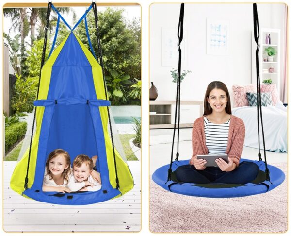 Leagan tip cuib Sersimo, 90cm, 2 in 1 cu cort de protectie, 100 kg, Albastru Galben - Image 5