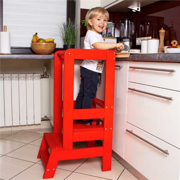 (DL) Turn de invatare inaltator multifunctional de bucatarie din lemn, ajustabil, rosu - Image 8