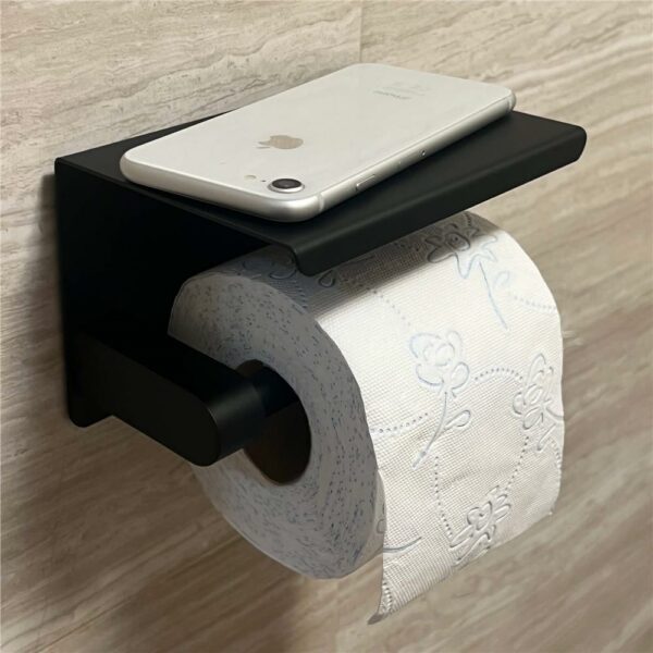 Acél WC-papír tartó tárolópolccal, öntapadós rögzítés, 14cm, fekete - Image 8