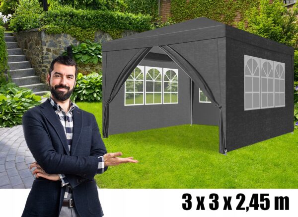 Kerti pavilonsátor, 300x300 cm, 4 oldalfallal ablakos, vízálló, UV-álló, szürke - Image 9