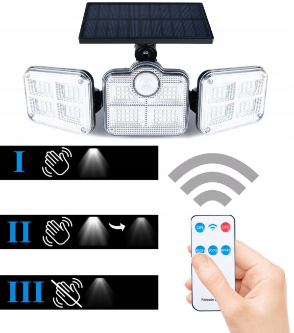 Moduláris napelemes LED projektor 3 lámpával, mozgásérzékelővel, 122 LED-del, távirányítóval - Image 9