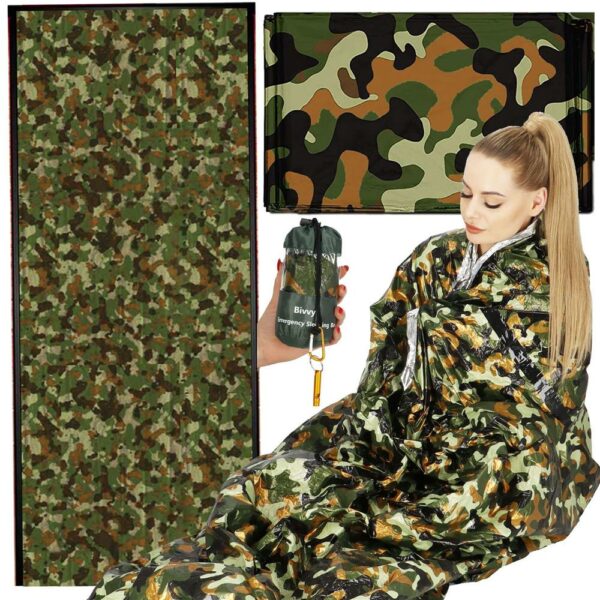 Sac de supravietuire anti hipotermie, umezeala, ploaie si vant, 120x200cm, verde camuflaj - Image 10