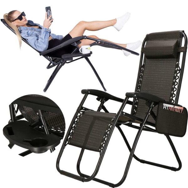 Sezlong scaun pliant plaja sau gradina, Siesta, gravitatie zero, cu tetiera, 175x67x110 cm, maro - Image 19
