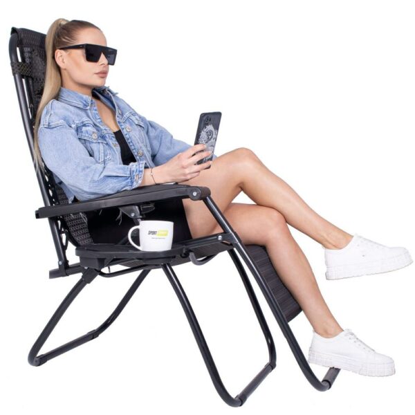 Sezlong scaun pliant plaja sau gradina, Siesta, gravitatie zero, cu tetiera, 175x67x110 cm, maro - Image 20