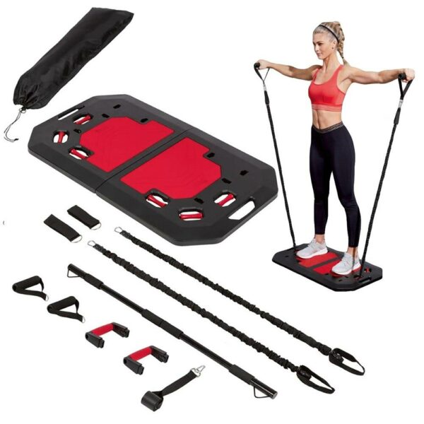 Set de antrenament Crossfit portabil, tip valiza, capacitate maxima 230kg, negru si rosu - Image 3