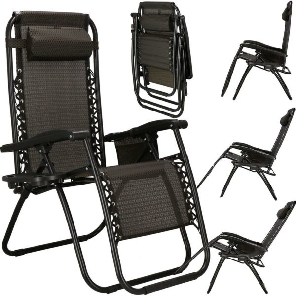 Sezlong scaun pliant plaja sau gradina, Siesta, gravitatie zero, cu tetiera, 175x67x110 cm, maro - Image 3