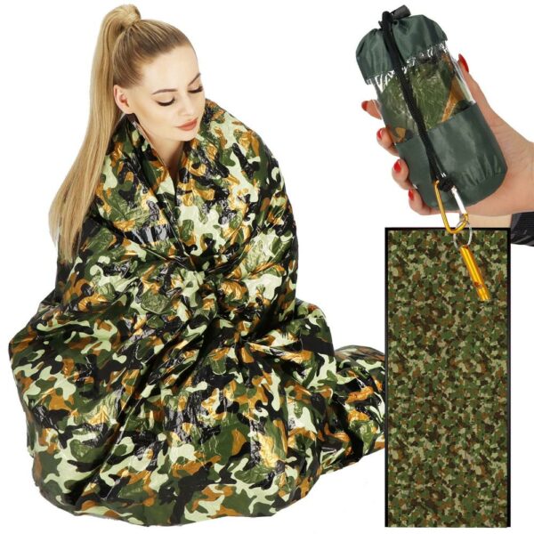Sac de supravietuire anti hipotermie, umezeala, ploaie si vant, 120x200cm, verde camuflaj - Image 7