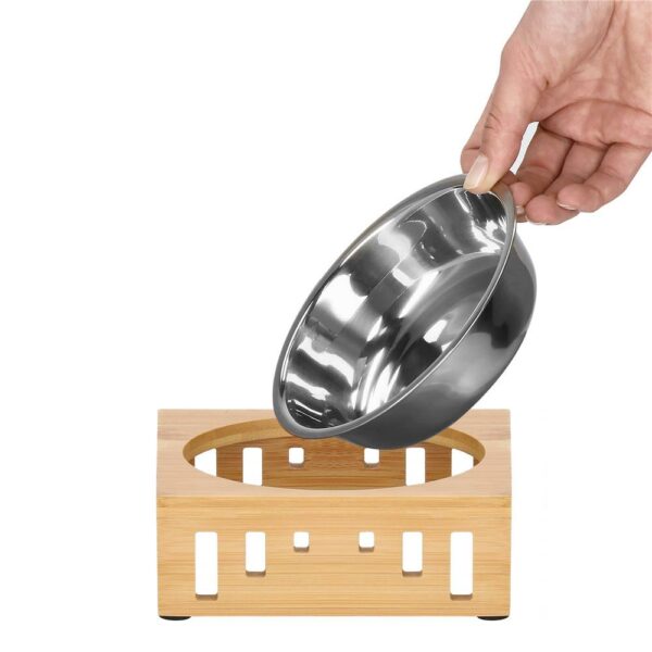 Rozsdamentes acél tál, tál, kutyának vagy macskának, bambusz támasztékkal, 15cm - Image 5