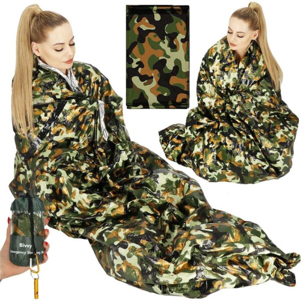 Sac de supravietuire anti hipotermie, umezeala, ploaie si vant, 120x200cm, verde camuflaj - Image 8