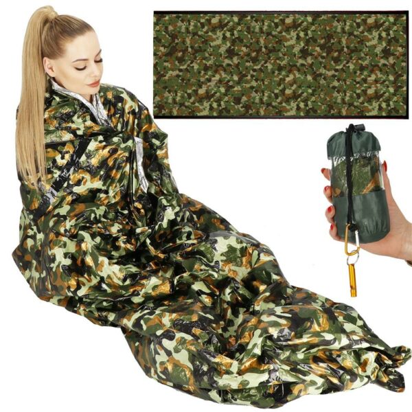 Sac de supravietuire anti hipotermie, umezeala, ploaie si vant, 120x200cm, verde camuflaj - Image 9