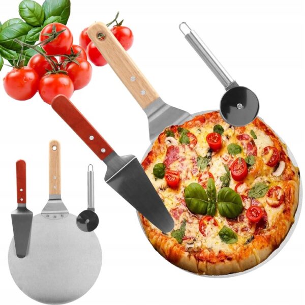 Set 3 accesorii pentru pizza, tava, spatula si taietor, inox cu manere din lemn - Image 2