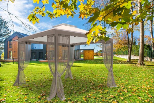 Cort pavilion de gradina tip pergola, automat pop-up, 300×300 cm, cu 4 pereti laterali cu plasa, impermeabil cu rezistenta UV, bej - Image 3