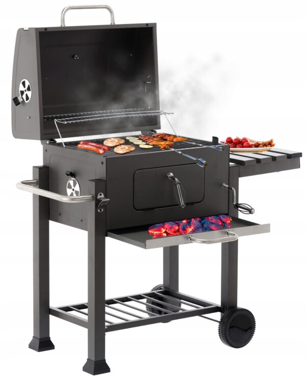 Téglalap alakú faszenes grillkocsi, oldaltámlással és fedős hőmérővel, 115x60x108cm - Image 13