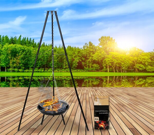 (DL) Fém grillrács, állvánnyal és függesztett tepsivel, állítható, 155x79x52cm - Image 16