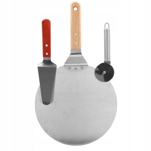 Set 3 accesorii pentru pizza, tava, spatula si taietor, inox cu manere din lemn - Image 3