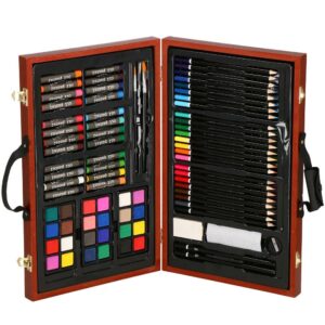 Set de pictura si desen pentru copii, 80 de piese, trusa lemn