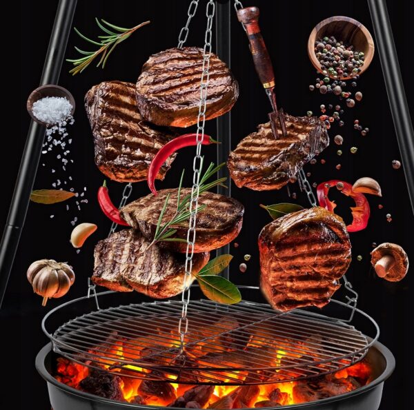 (DL) Fém grillrács, állvánnyal és függesztett tepsivel, állítható, 155x79x52cm - Image 20