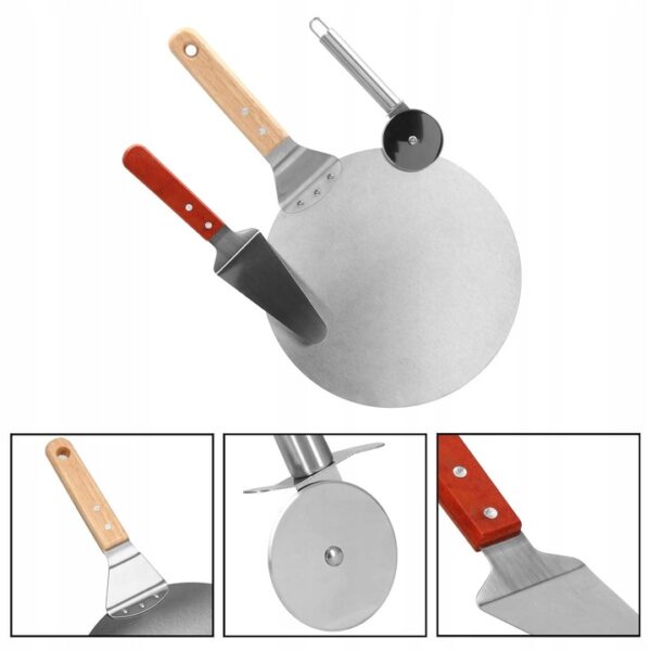 Set 3 accesorii pentru pizza, tava, spatula si taietor, inox cu manere din lemn - Image 4