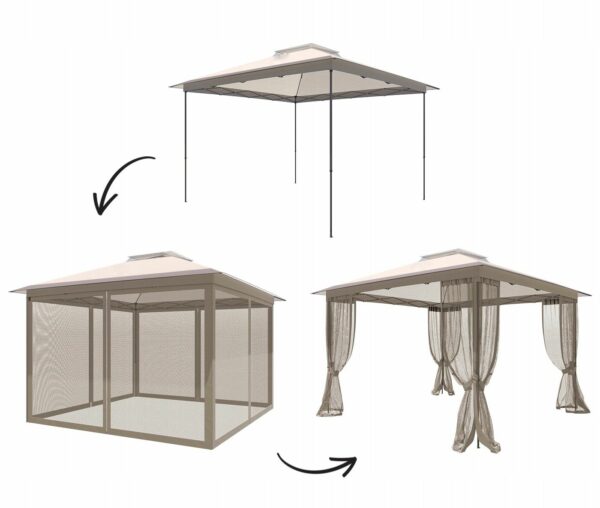 Cort pavilion de gradina tip pergola, automat pop-up, 300×300 cm, cu 4 pereti laterali cu plasa, impermeabil cu rezistenta UV, bej - Image 9