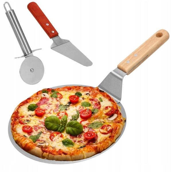 Set 3 accesorii pentru pizza, tava, spatula si taietor, inox cu manere din lemn - Image 6