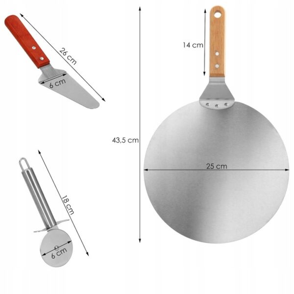 Set 3 accesorii pentru pizza, tava, spatula si taietor, inox cu manere din lemn - Image 7
