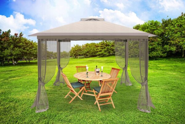 Cort pavilion de gradina tip pergola, automat pop-up, 300×300 cm, cu 4 pereti laterali cu plasa, impermeabil cu rezistenta UV, bej - Image 6