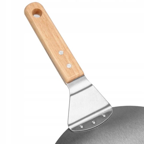 Set 3 accesorii pentru pizza, tava, spatula si taietor, inox cu manere din lemn - Image 8