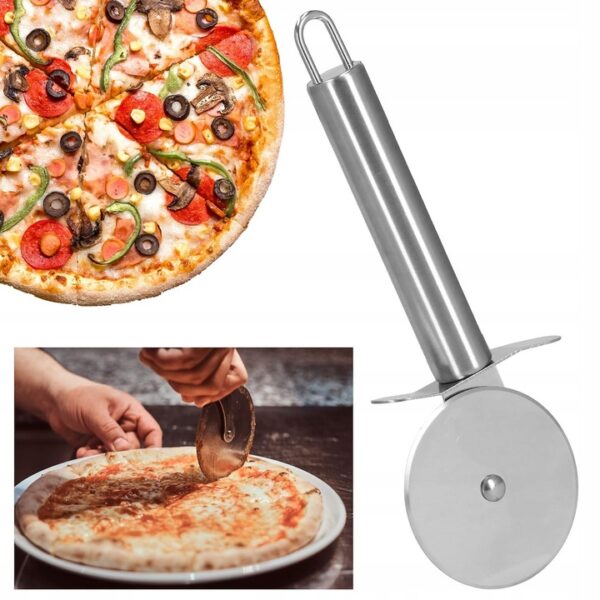 Set 3 accesorii pentru pizza, tava, spatula si taietor, inox cu manere din lemn - Image 9