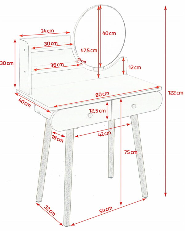 Masa de toaleta si machiaj Siena, alba, cu 2 sertare, oglinda, 80x40x122 cm - Image 10