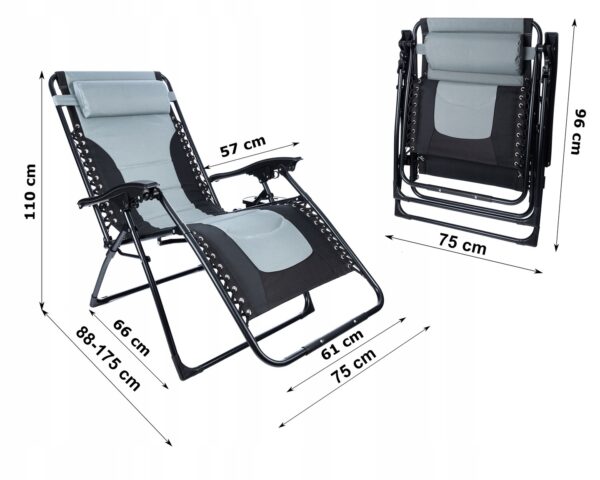 Sezlong scaun pliant plaja sau gradina, Siesta, gravitatie zero, cu tetiera, 175x75x110 cm, negri gri - Image 10