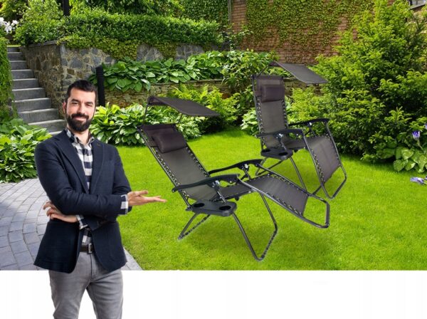 Sezlong pliabil cu parasolar si suport pahare SERSIMO, 64x110x180cm, gri antracit - Image 14