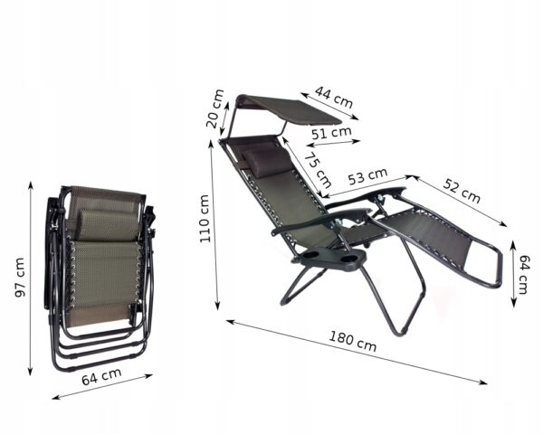 Sezlong pliabil cu parasolar si suport pahare SERSIMO, 64x110x180cm, gri antracit - Image 17