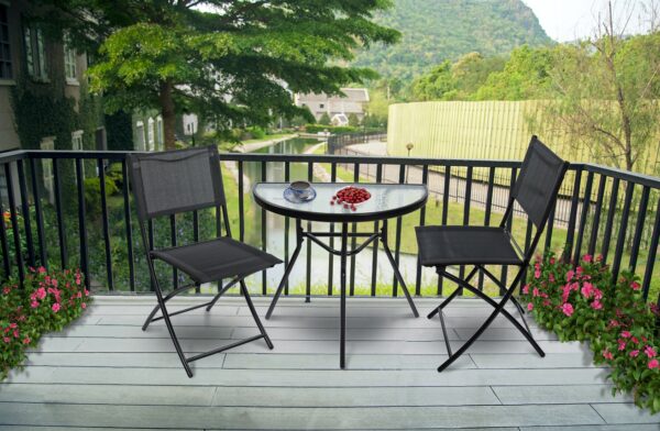 Set mobilier gradina sau balcon, masa semirotund sticla cu 2 scaune pliabile, gri - Image 4
