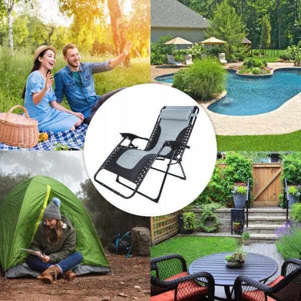 Sezlong scaun pliant plaja sau gradina, Siesta, gravitatie zero, cu tetiera, 175x75x110 cm, negri gri - Image 3